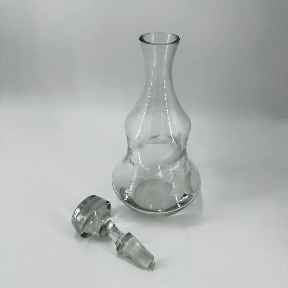 Vintage Etched Glass Decanter with Stopper Grapevine Leaf Pattern Clear 12.5